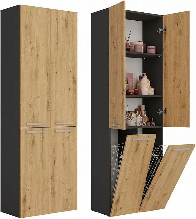 Słupek łazienkowy NEL 2K DD | Antracyt/Dąb Artisan | 60x30x174 cm | Regał, Półki