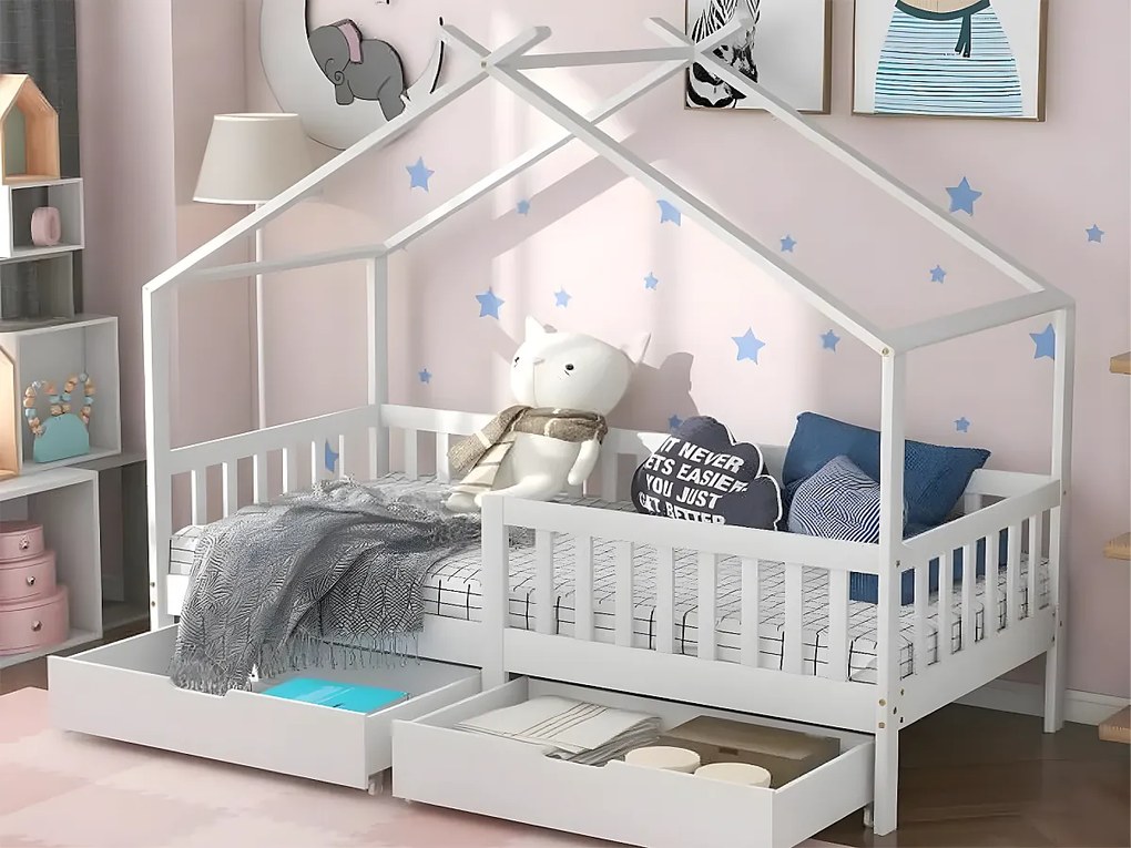 Łóżko kabinowe z 2 szufladami - 90 x 200 cm - drewno sosnowe - stelaż listwowy - białe