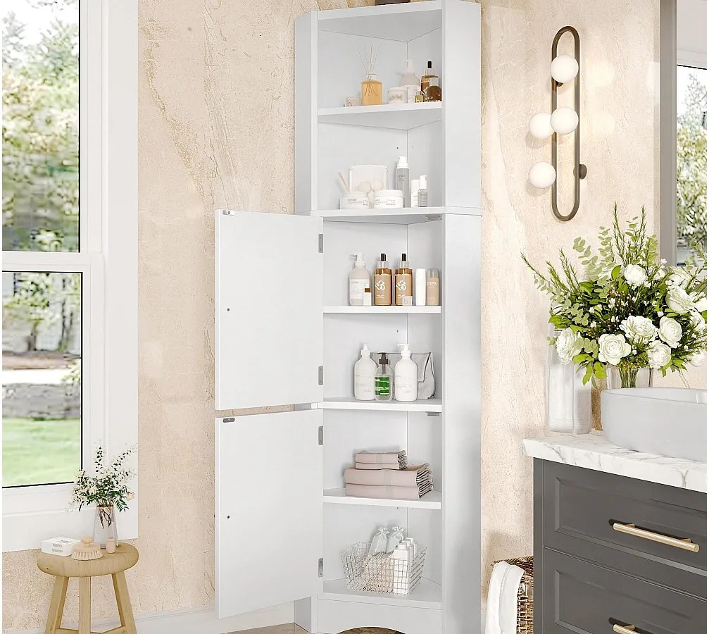 Trójkątne meble łazienkowe 51,7×32×155,4 cm - 2 otwarte przegródki - 2 drzwi - regulowane półki - biały