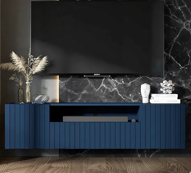 Granatowa ścienna szafka na TV z lamelami - Filo 8X