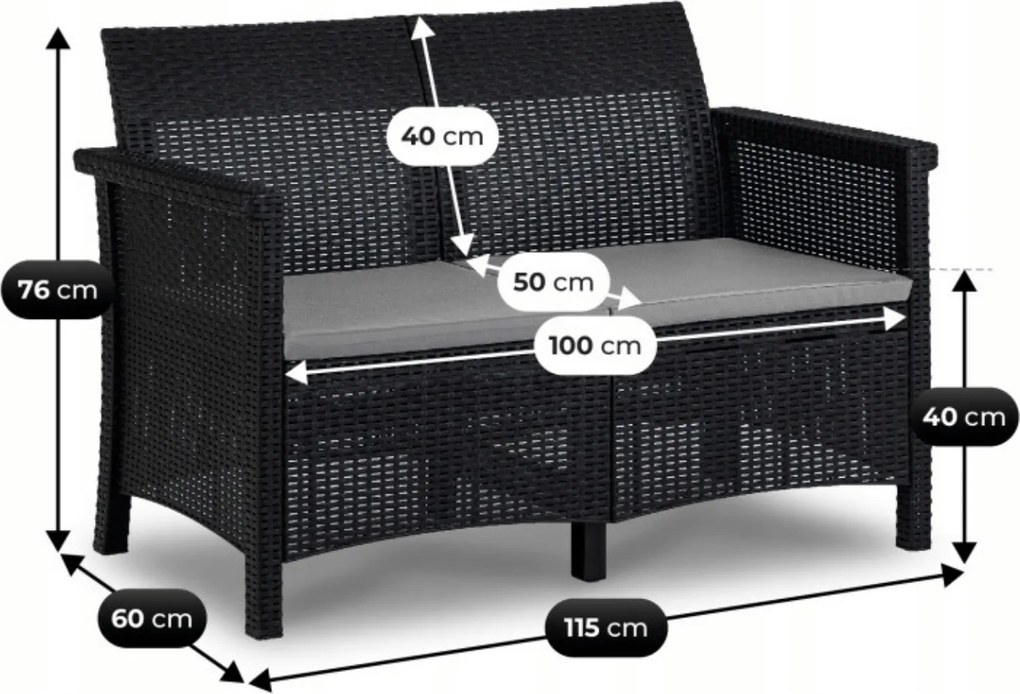 Zestaw mebli ogrodowych Selvo 089 - sofa 2-osobowa, 2 fotele i stolik kawowy, czarny/szary