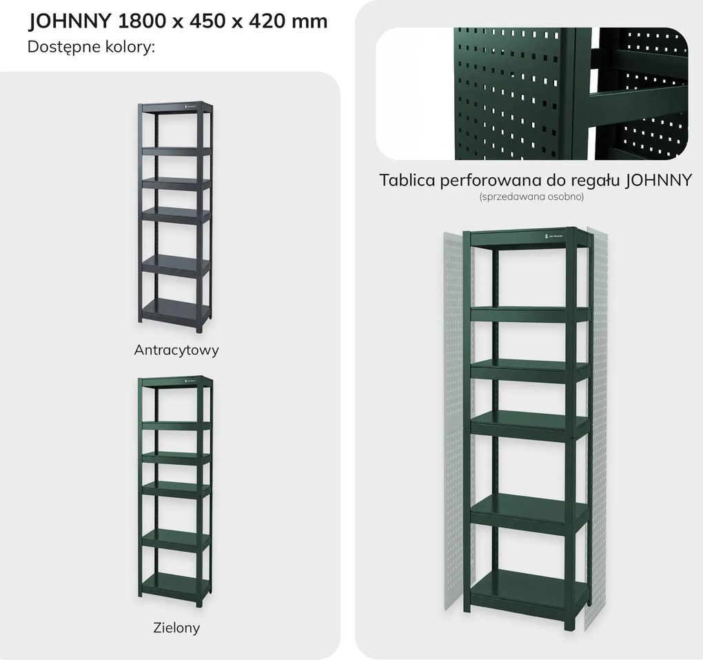 Regał metalowy wąski zielony, 1800x450x420 mm: JOHNNY