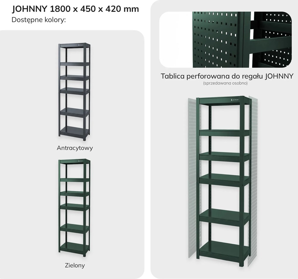 Regał metalowy wąski zielony: JOHNNY, 1800 x 450 x 420 mm