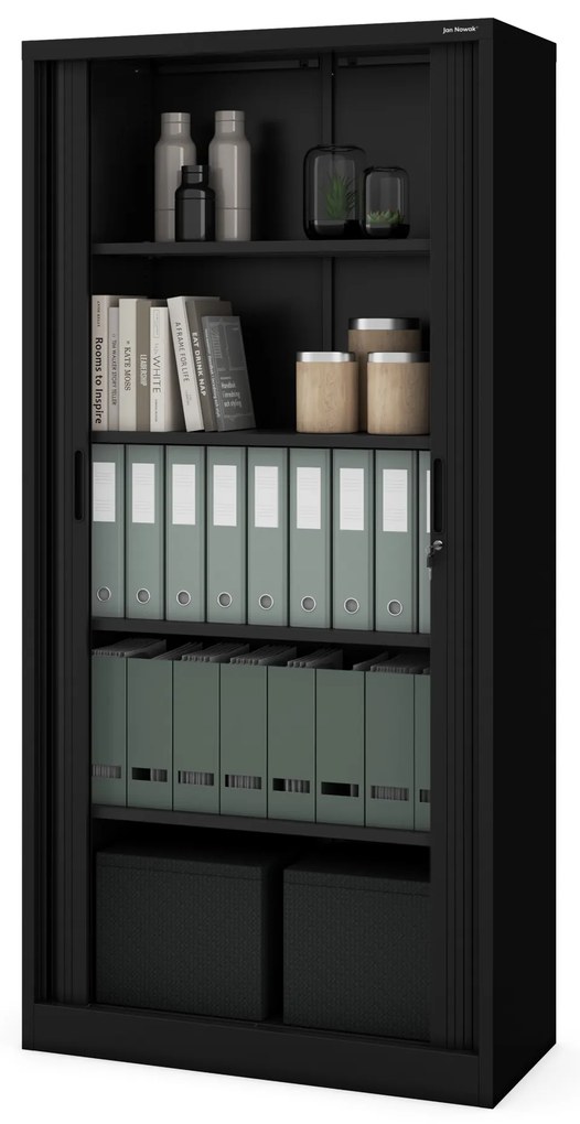 Metalowa szafa biurowa z roletą DAMIAN, 900 x 1850 x 450 mm, czarna