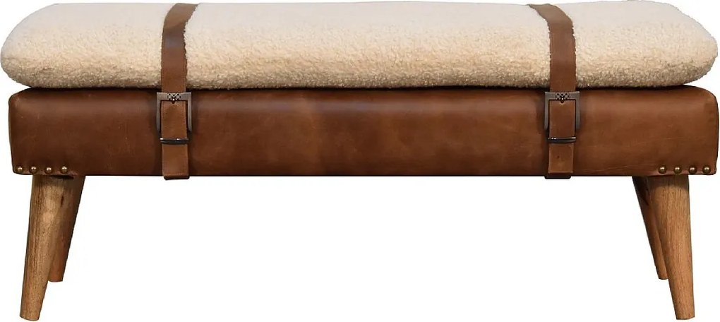 Artisan Furniture Ławka z litego drewna i skóry bawolej.