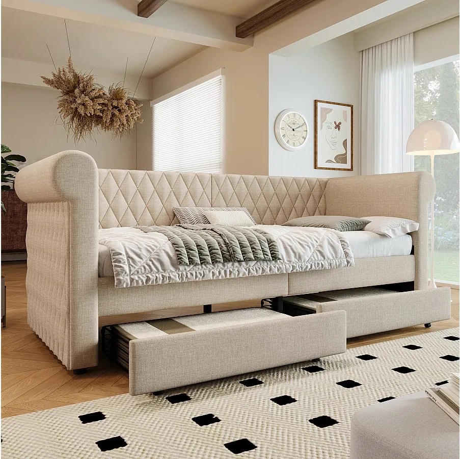 Łóżko tapicerowane 90 x 200 cm z 2 szufladami, sofa rozkładana - tkanina lniana - beż (bez materaca)