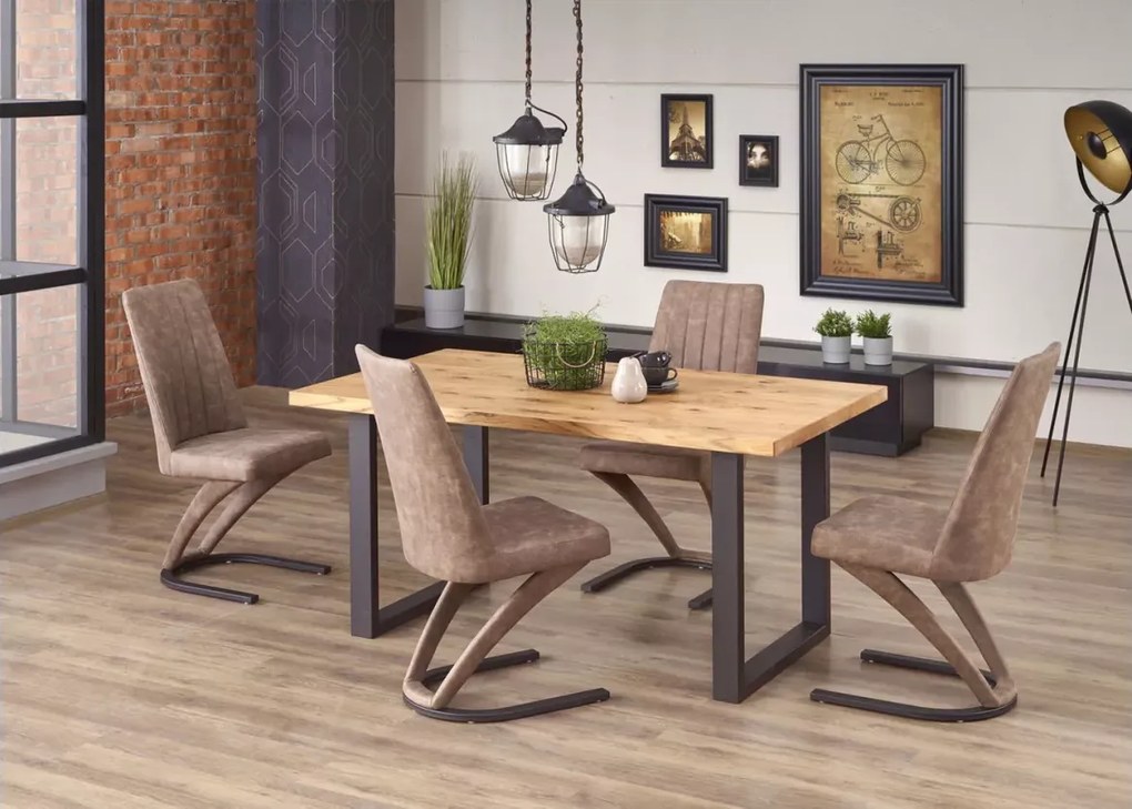 Nowoczesny rozkładany stół Perezo 160-250x90 cm, blat z okleiny naturalnej w kolorze dąb i metalowe czarne nogi w stylu loftowym