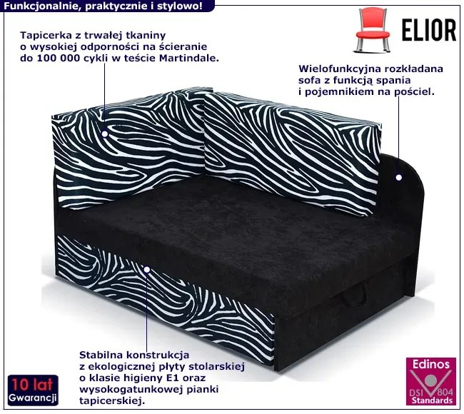 Czarno-biały tapczan kubuś z motywem zebry K7-N31