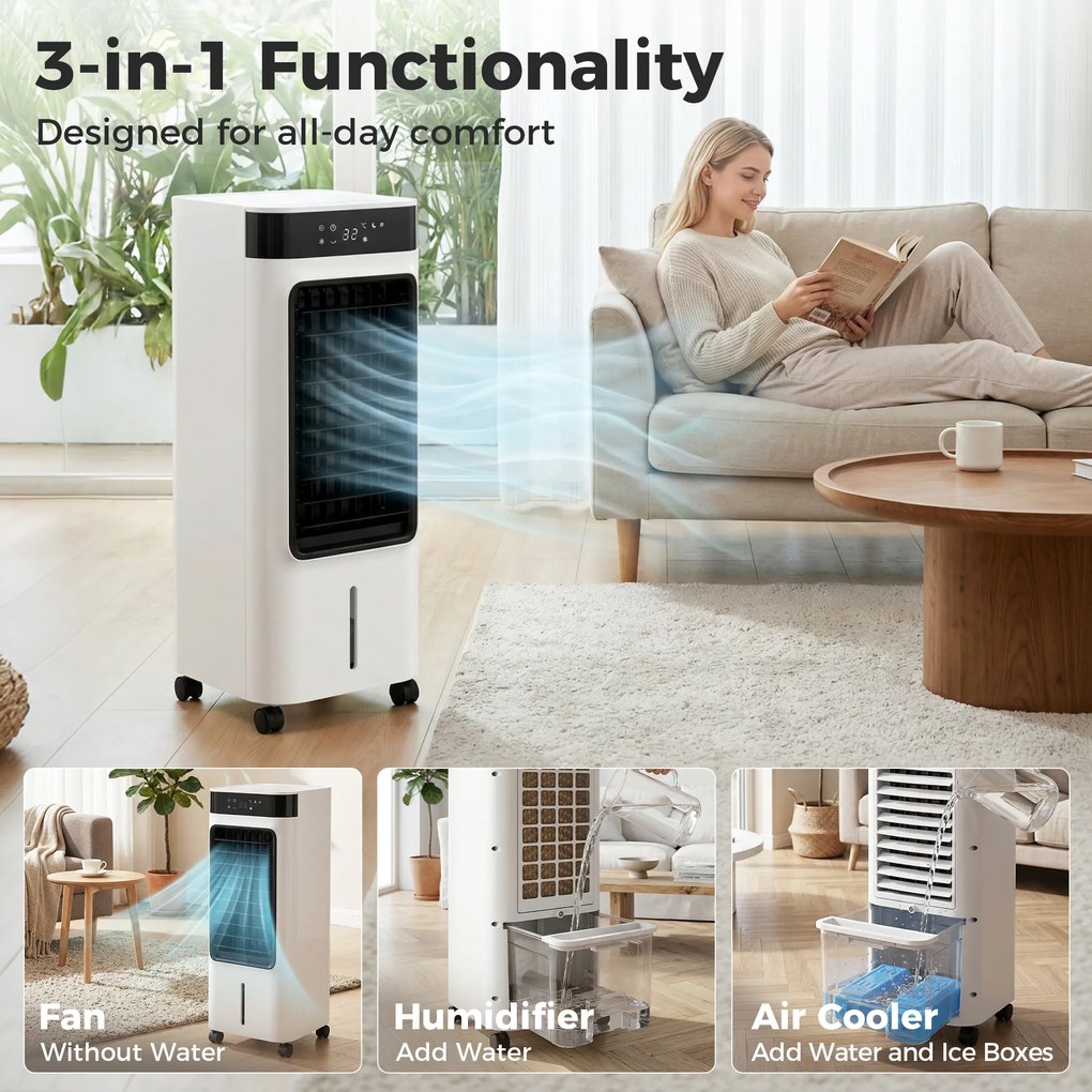 HOMCOM Mobilna chłodnica powietrza, 3-w-1 chłodzenie ewaporacyjne z 7-litrowym zbiornikiem, funkcja oscylacji 48°, biały | Aosom PL