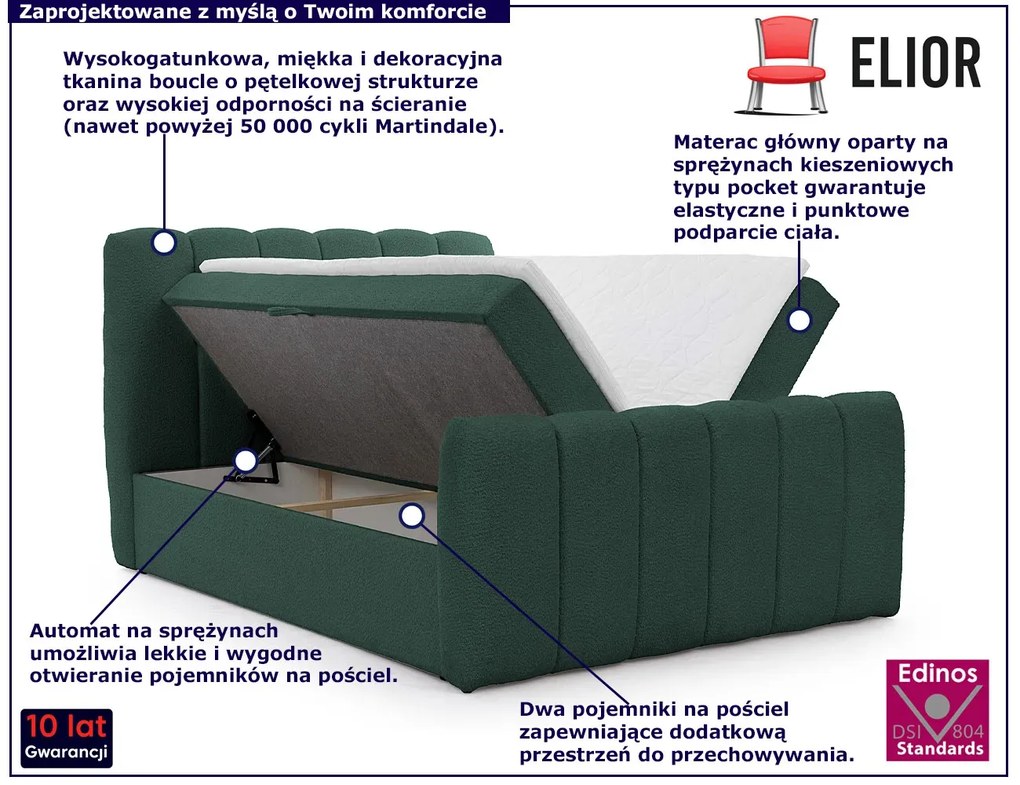 Ciemnozielone łóżko kontynentalne tapicerowane boucle K0-K99