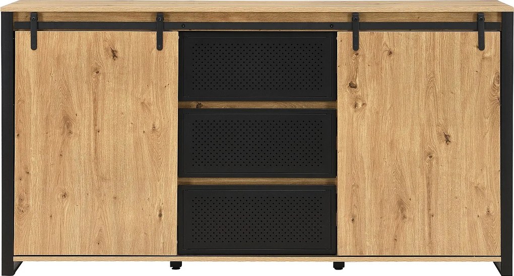 Kredens z 2 przesuwnymi drzwiami i 3 szufladami z MDF i czarnego metalu - Naturalny - BELINARO
