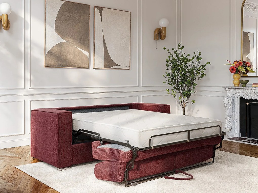 Kanapa 4-osobowa rozkładana typu express  z tkaniny szenilowej w kolorze bordowym - Powierzchnia spania 160 cm - Materac 18 cm LORETO