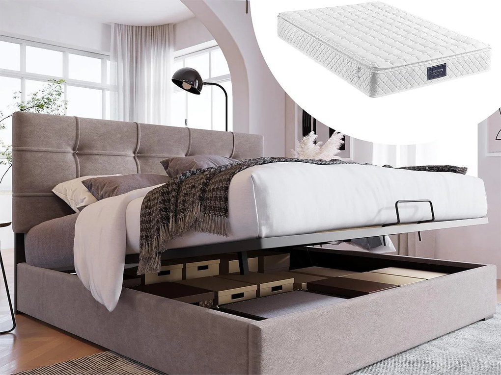 Łóżko ze schowkiem 140 x 200 cm - welur - szare + materac