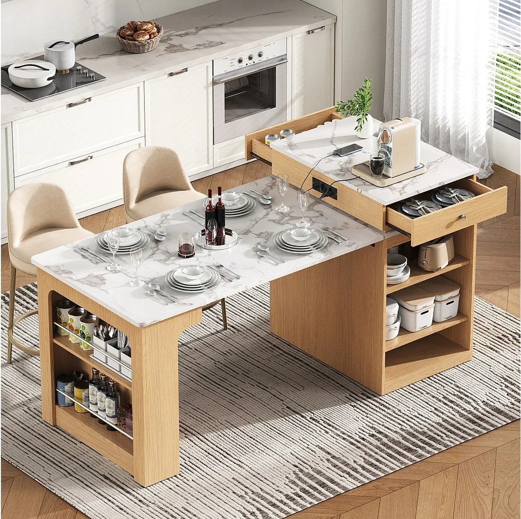 Stół barowy rozkładany z wyjmowanym blatem - 80 x 71/111/151 x 92 cm - z drzwiami + szufladą - MDF + szkło - naturalny