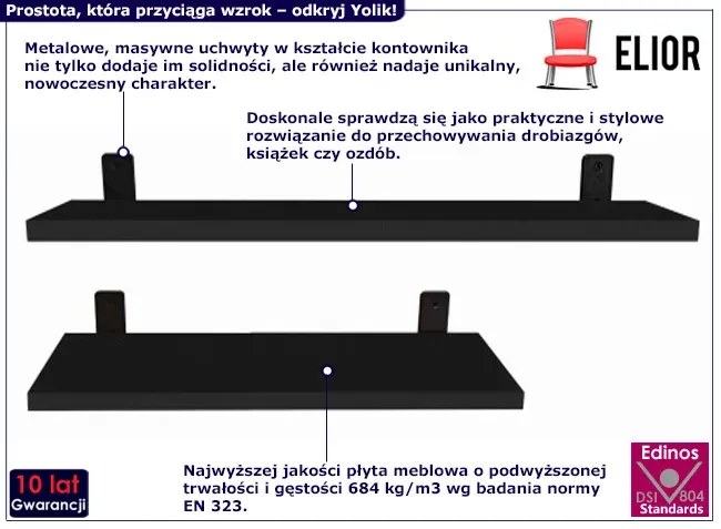 Czarne półki ścienne 2 sztuki z metalowymi wspornikami - Castello 5X