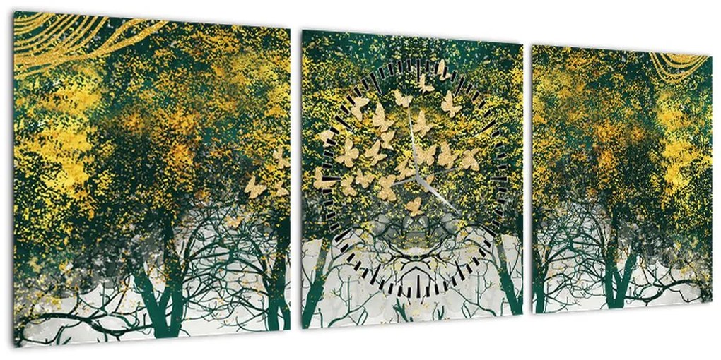 Obraz - Jelenie w zielonym lesie (z zegarem) (90x30 cm)