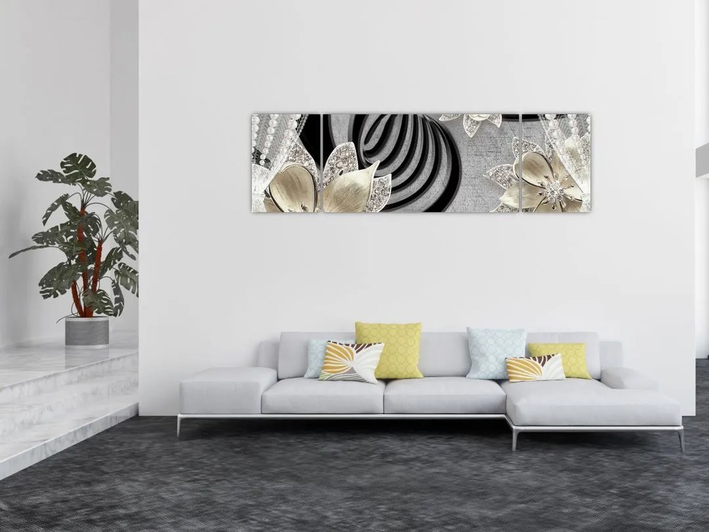Obraz - 3D złote kwiaty (170x50 cm)