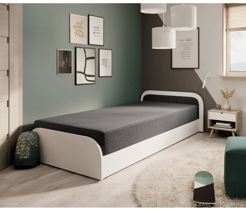 Białe/ciemnoszare tapicerowane/z płyty wiórowej łóżko jednoosobowe ze schowkiem z materacem 80x190 cm Parys – ELTAP