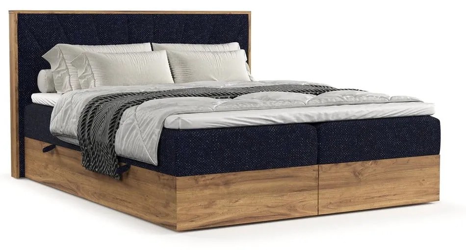 Ciemnoniebiesko-naturalne łóżko boxspring ze schowkiem 200x200 cm Asahi – Maison de Rêve