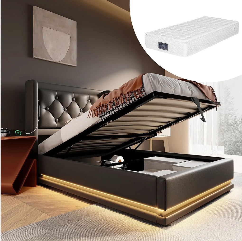 Łóżko tapicerowane dziecięce ze schowkiem - 90 x 200 cm - Materac + Leds + Zagłówek z USB - Skóra ekologiczna - Czarny