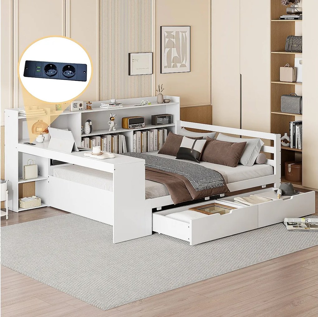 Łóżko 140 x 200 cm z wezgłowiem i 2 szufladami - biurko, przegródki i porty USB - Sosna + sklejka + MDF - Białe