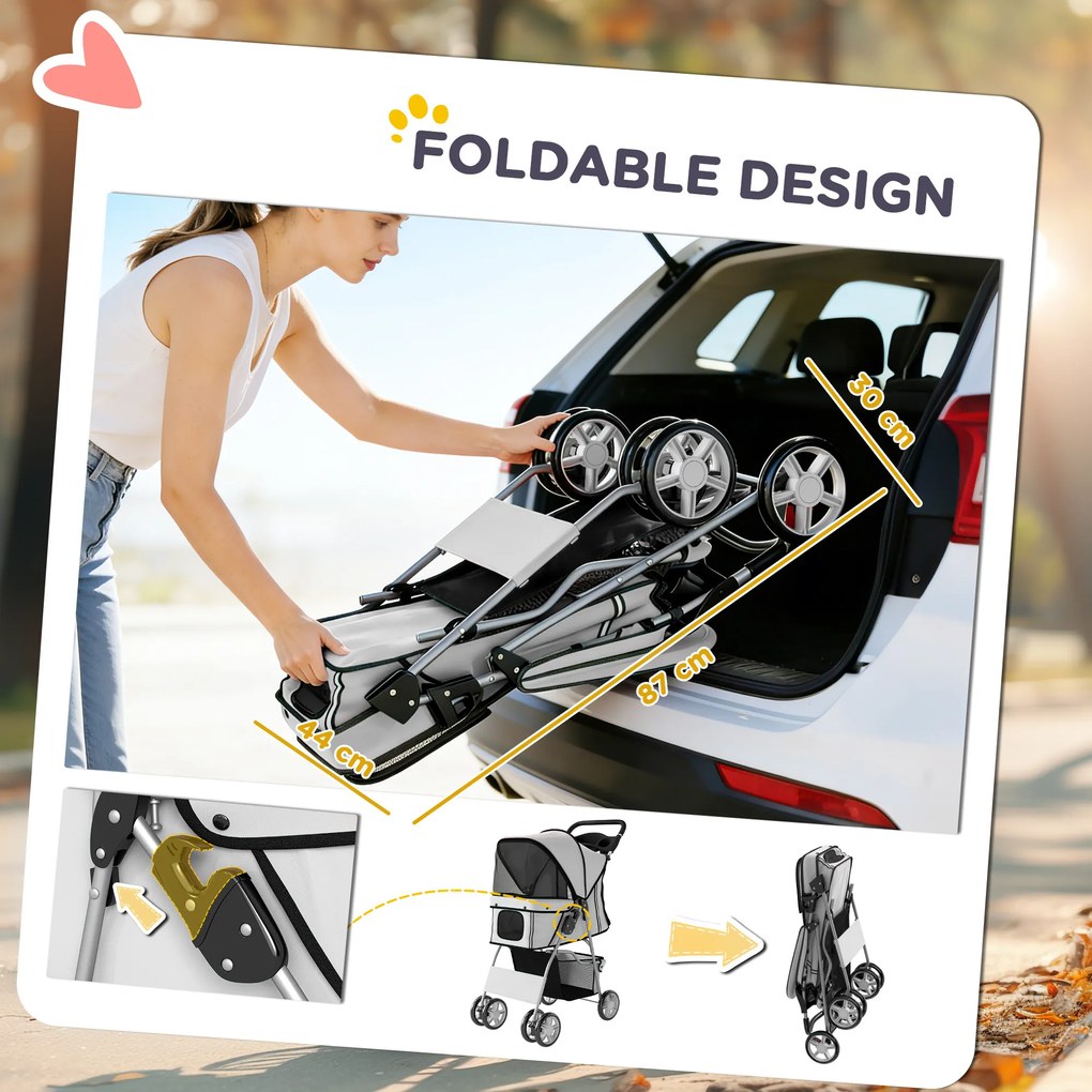 PawHut Wózek składany dla psów z odblaskowymi paskami, koszem na przechowywanie, poduszką dla małych psów do 10 kg, 77x44x102 cm, szary | Aosom PL