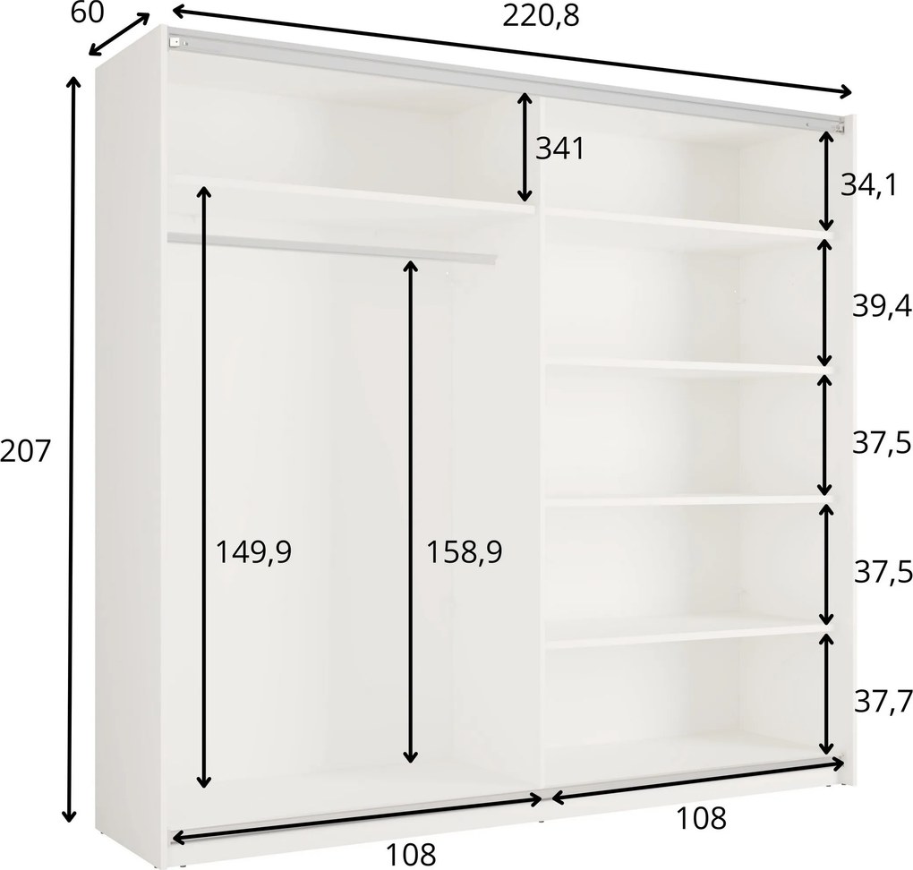 Szafa Przesuwna RADEN 221 cm z Lustrem Szafa Dwudrzwiowa, Biały