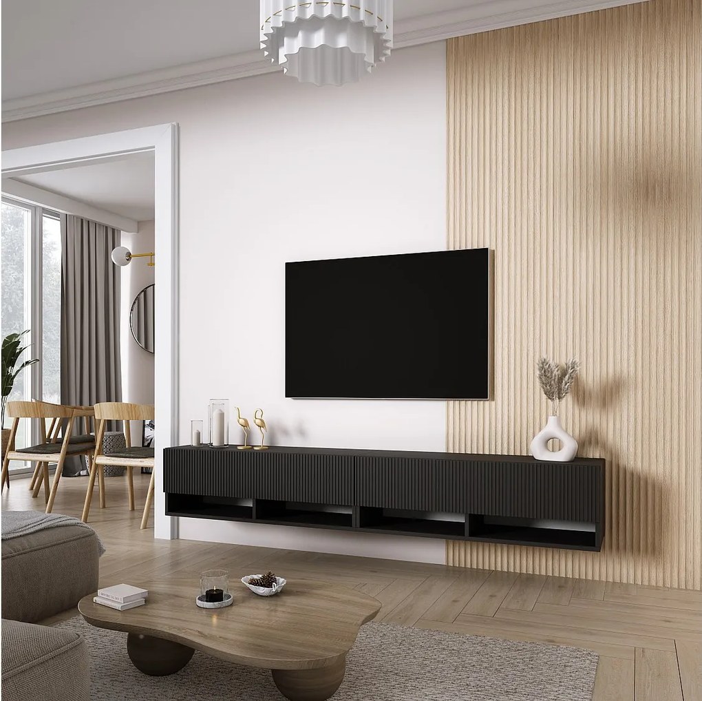 Szafka pod telewizor (2 x 100 cm), fronty ryflowane, Czarny Mat, 200 × 32 × 33,6 cm
