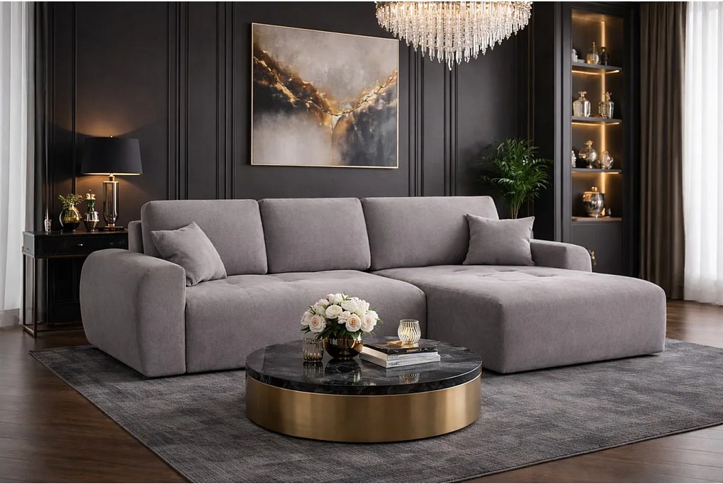 Narożnik w kształcie L z funkcją spania i pojemnikiem Ivo L, tkanina welurowa Salvador, Szary, Prawy