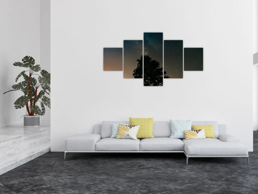 Obraz nocnego nieba z drzewami (125x70 cm)