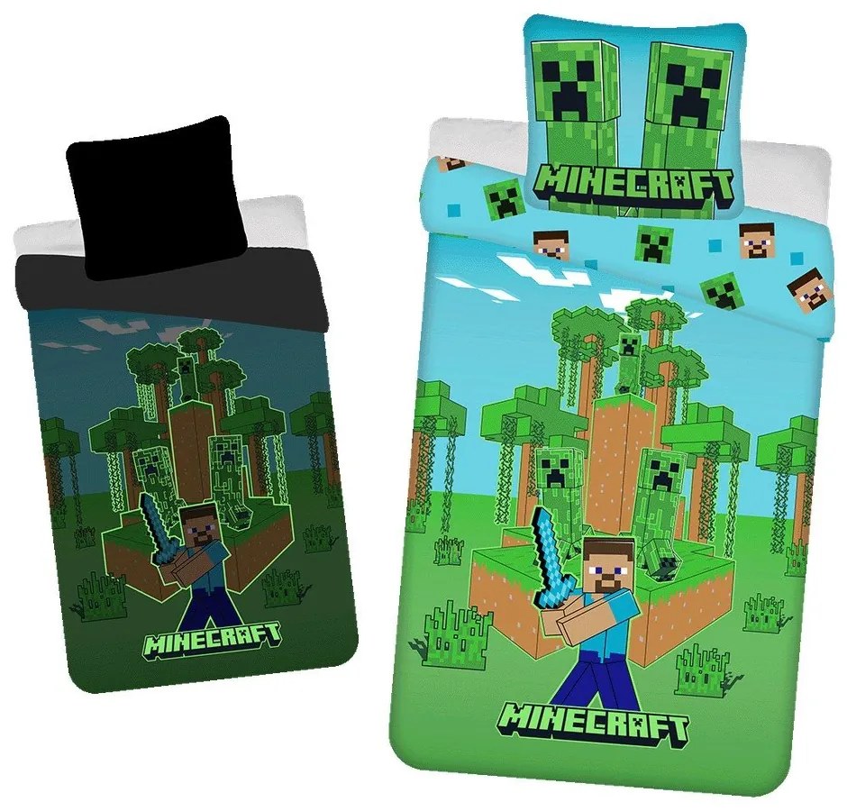Bawełniana fluorescencyjna pościel dziecięca jednoosobowa 140x200 cm Minecraft "Jungle Fight" – Jerry Fabrics