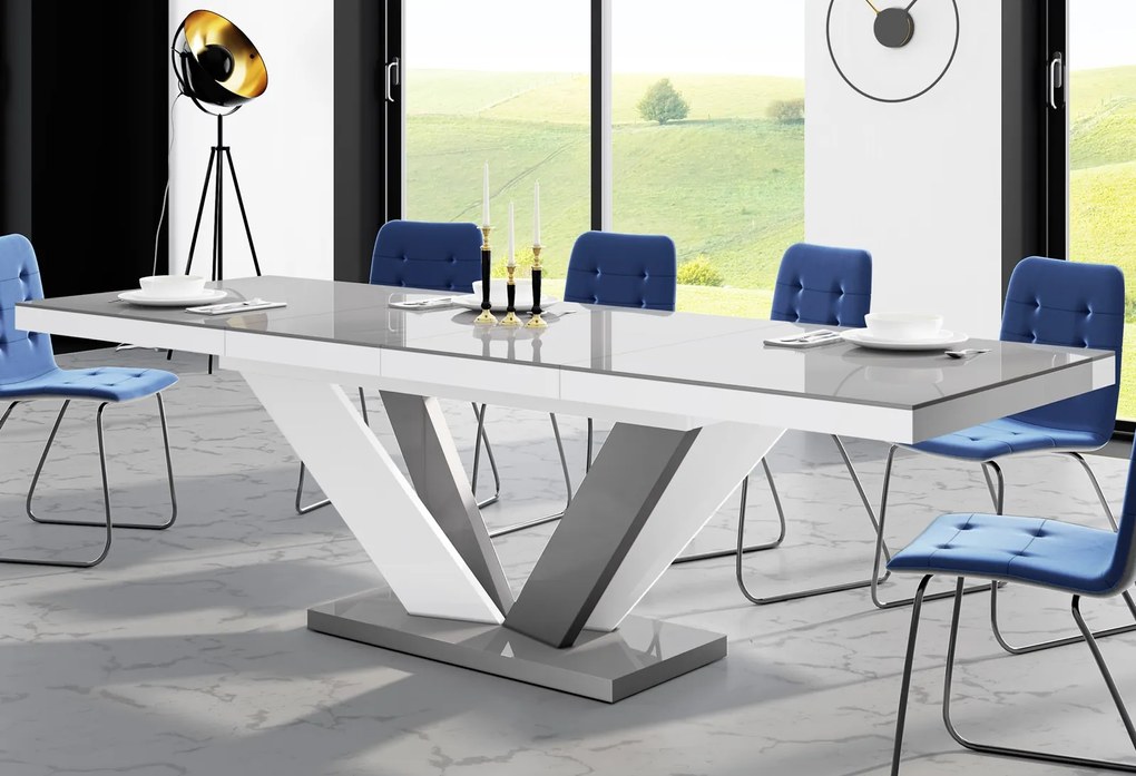 Rozkładany stół z szarym blatem i szaro-białą nogą Viva 2