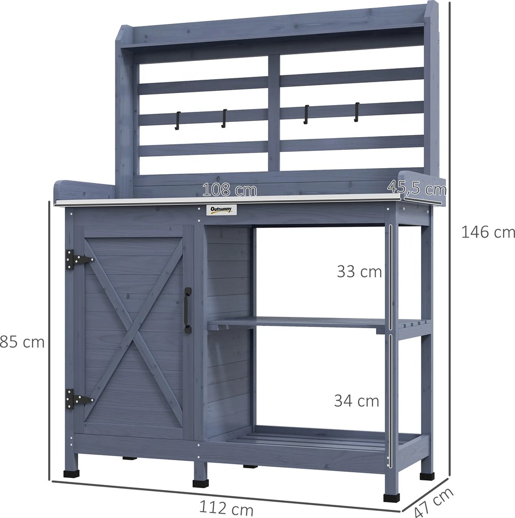 Outsunny Stół ogrodniczy z szafką, Powierzchnia robocza z aluminium, Przestrzeń przechowywania, 112x47x146cm, Szary