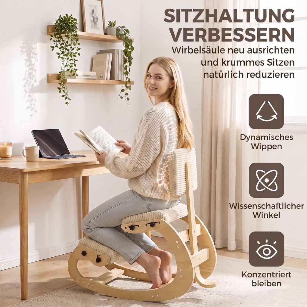 HOMCOM Ergonomiczny stołek kolanowy, stołek kolanowy z oparciem, wygląd sztruksu, fotel biurowy do domu, biura, medytacji, kremowo-biały | Aosom PL