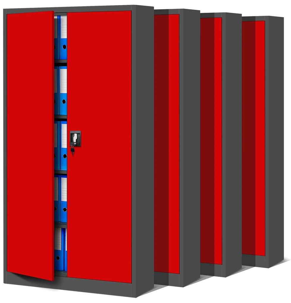 Zestaw 4x szafa biurowa metalowa na akta antracytowo-czerwona, 900x1950x400 mm: JAN H