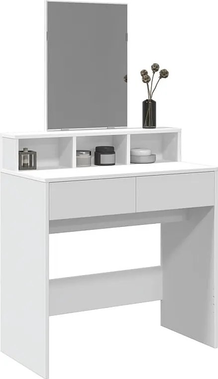 Biała toaletka 80x41x144,5 cm z lustrem i 2 szufladami, praktyczne przechowywanie z drewna inżynieryjnego