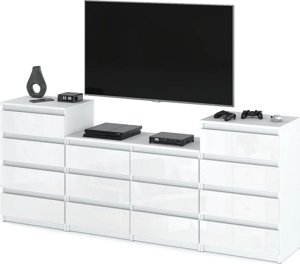 Duża Komoda z 14 Szufladami 220 CM Szafka Rtv Biały Mat Biały Połysk Meble Do Salonu Sypialni