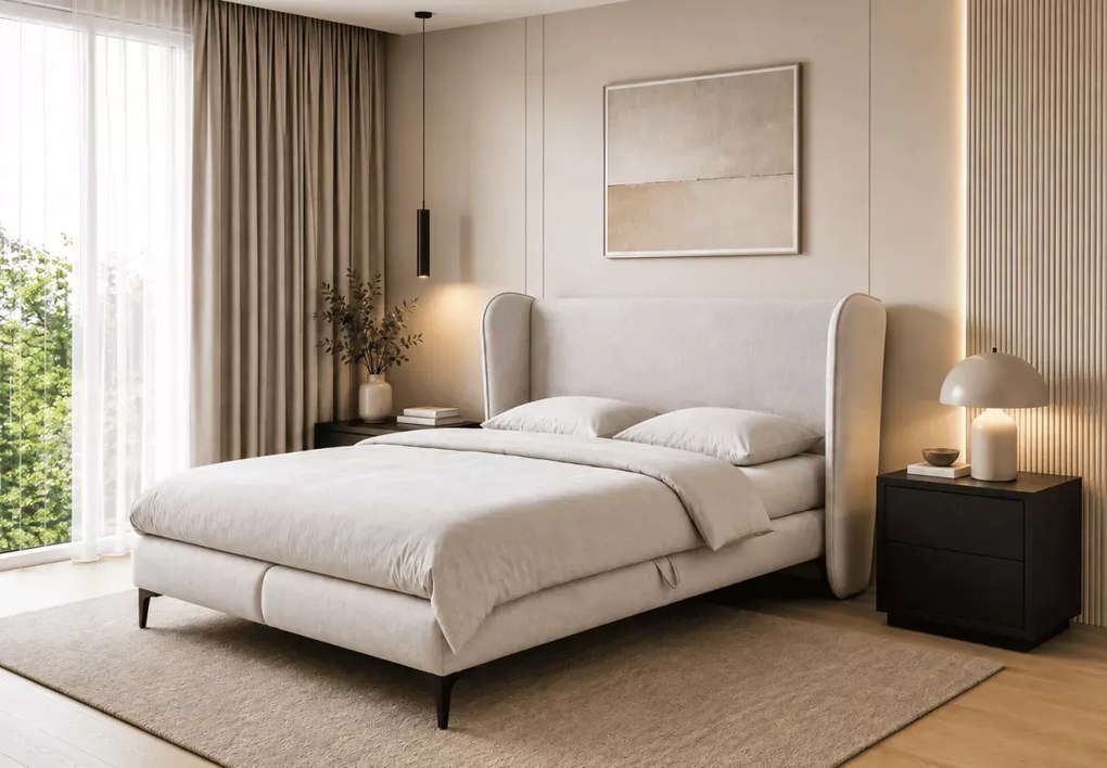 Łóżko kontynentalne Laine z pojemnikiem boxspring bonell H3 tapicerowane 120-200x200 cm
