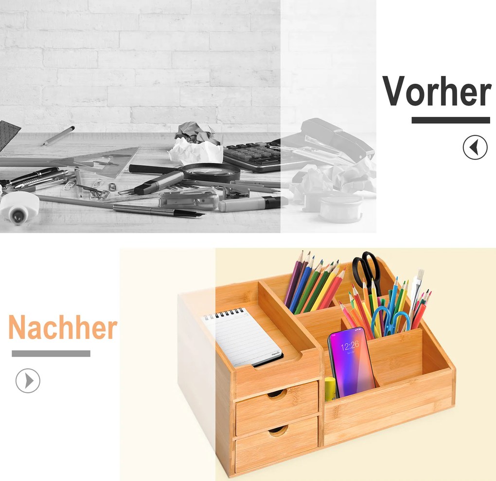 Homcom Organizer na biurko z 2 szufladami Naturalny Drewniany Praktyczne przechowywanie 33x205x155cm | Aosom PL