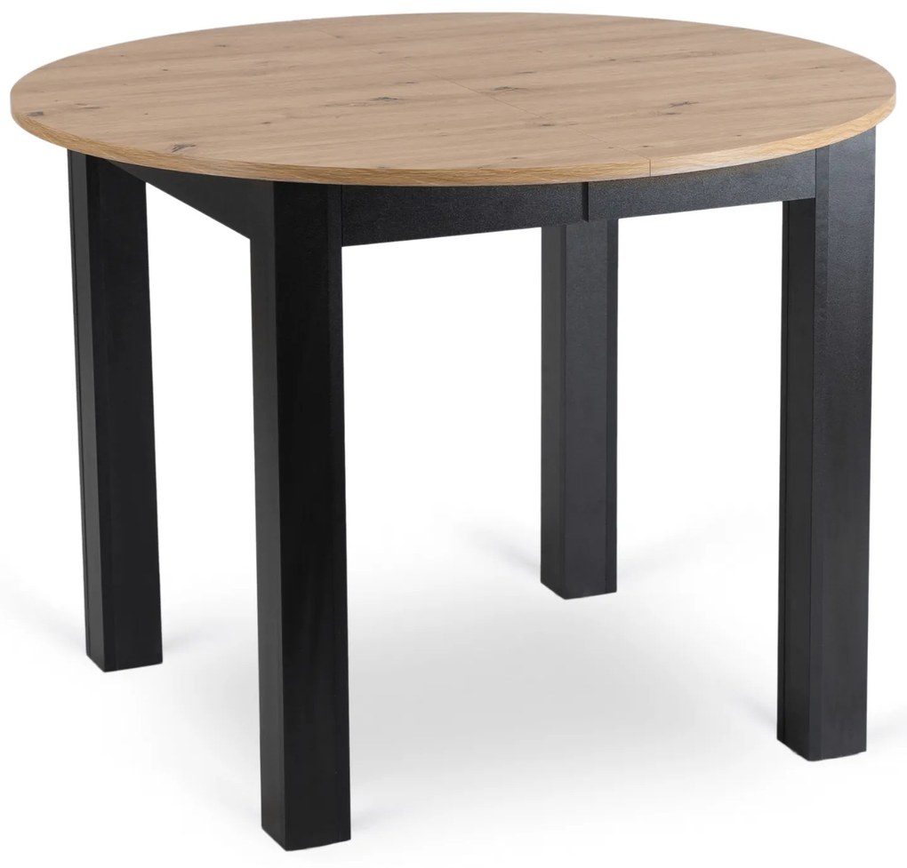 Zestaw Stół Okrągły Rozkładany HARRY 102-142 cm Dąb Artisan/Czarny i 6 Krzeseł z Ekoskóry DALVIN Czarnych Nowoczesnych Loft