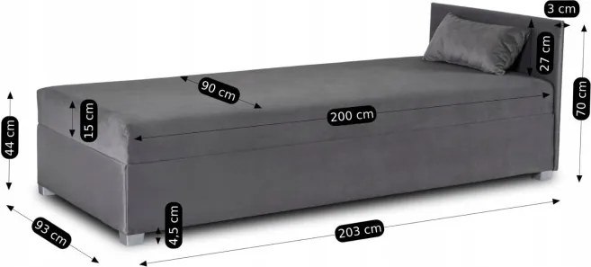 Łóżko Tapczan Młodzieżowe KARO 2 90x200 cm Pojedyncze Szare Welurowe