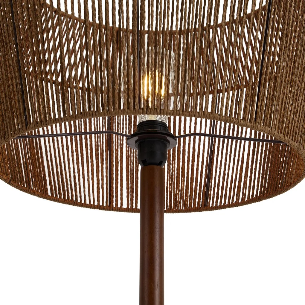 Lampa podłogowa drewno orzechowe z brązowym abażurem z papierowego sznurka 50/50/30 - Mels