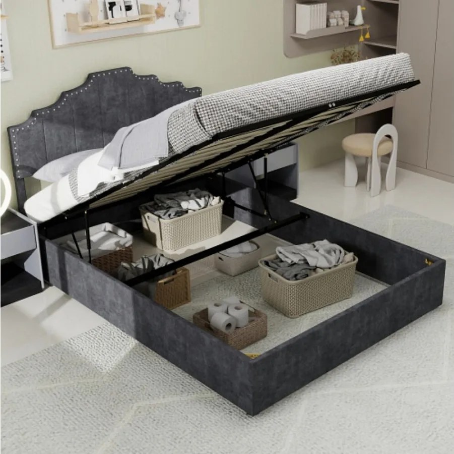 Łóżko z pojemnikiem 160x200 cm, łóżko dla dorosłych z miękkim zagłówkiem i stelażem - aksamit - szare (bez materaca)