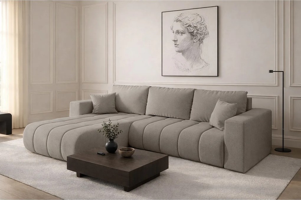 Narożnik z funkcją spania i pojemnikiem MILO PREMIUM, tkanina Wind, Piaskowy, Lewy