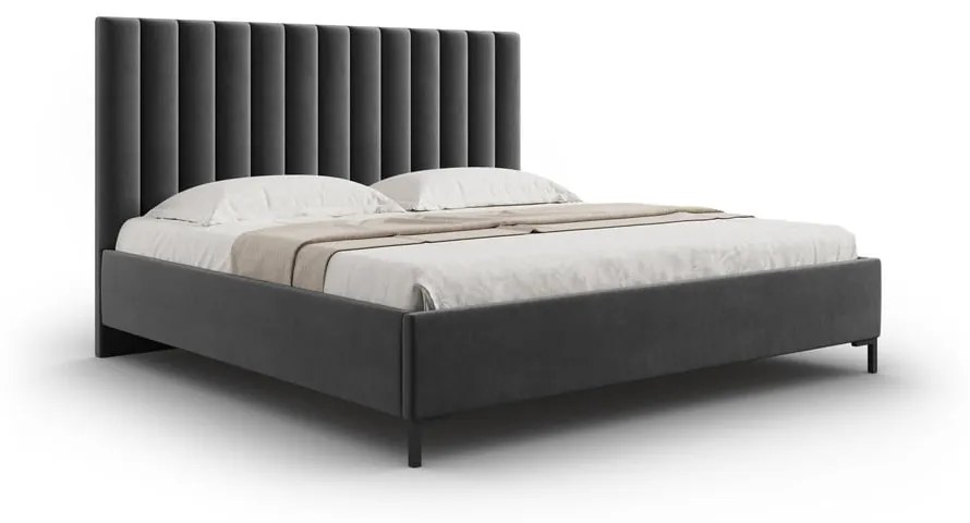 Ciemnoszare tapicerowane łóżko dwuosobowe ze schowkiem i stelażem 140x200 cm Casey – Mazzini Beds