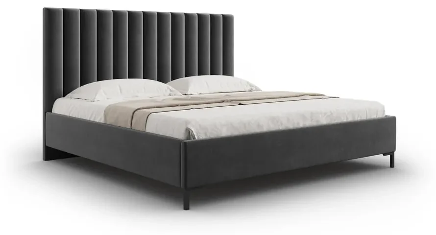 Ciemnoszare tapicerowane łóżko dwuosobowe ze schowkiem i stelażem 200x200 cm Casey – Mazzini Beds