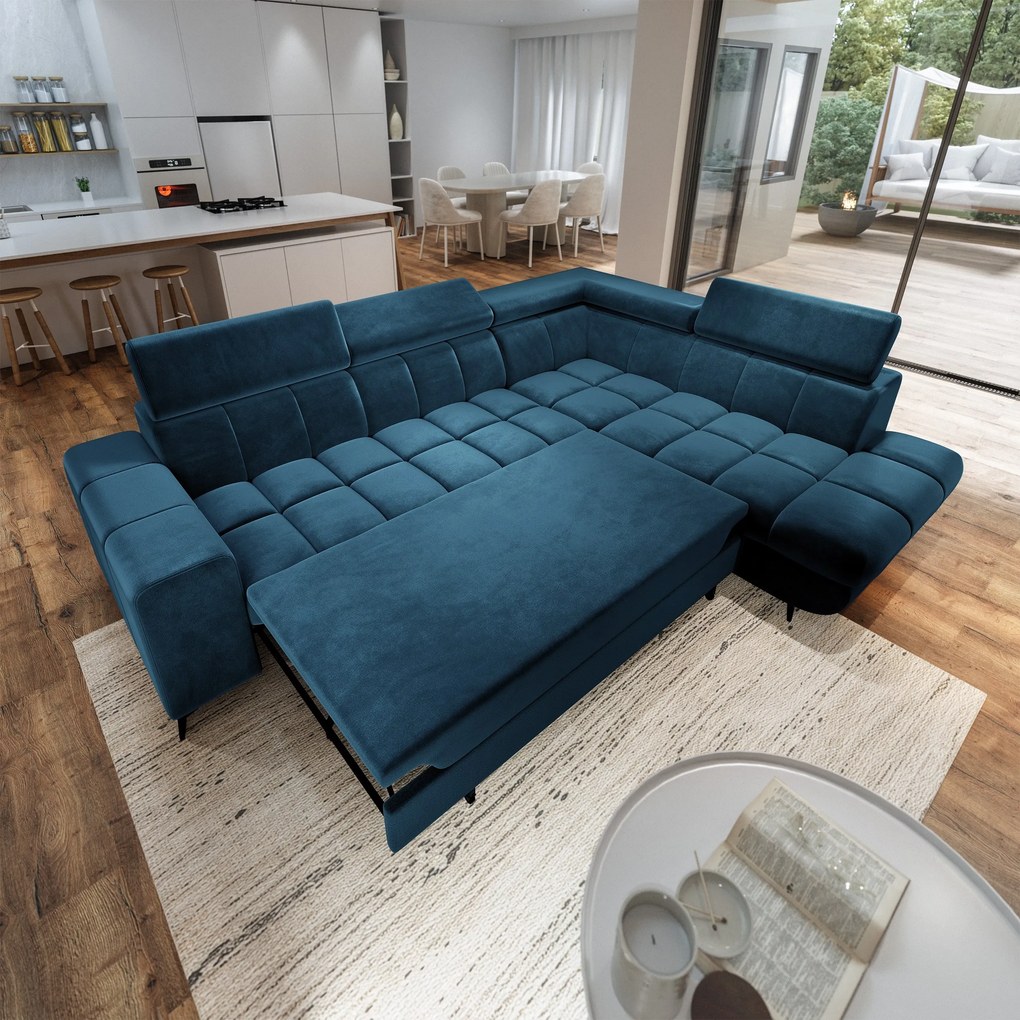 Masseno Narożnik MORIVA z funkcją spania i pojemnikiem na pościel Narozniki L, Rozkładana sofa - Niebieski, MONOLITH 77