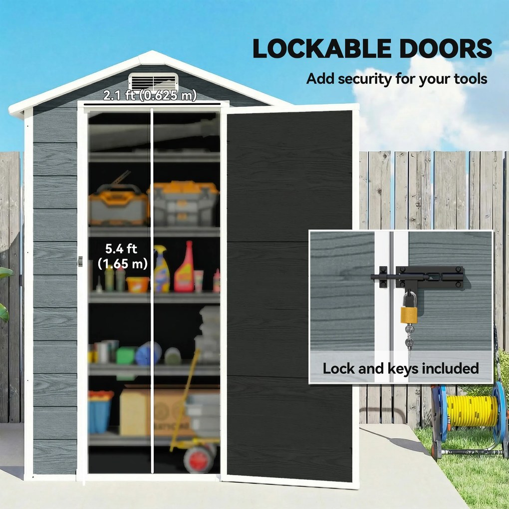 Outsunny Domek ogrodowy 1,1 m² z wyglądem drewna, okno, dwuspadowy dach, wentylacja, podłoga, zamek, rękawice, szary | Aosom PL