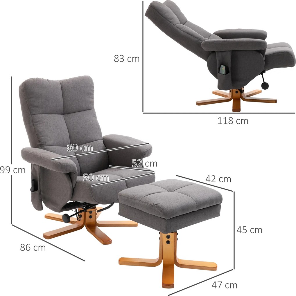 HOMCOM Fotel masujący z podnóżkiem nachylenie 145 stopni sztuczna skóra ciemnoszary 80x86x90cm | Aosom PL