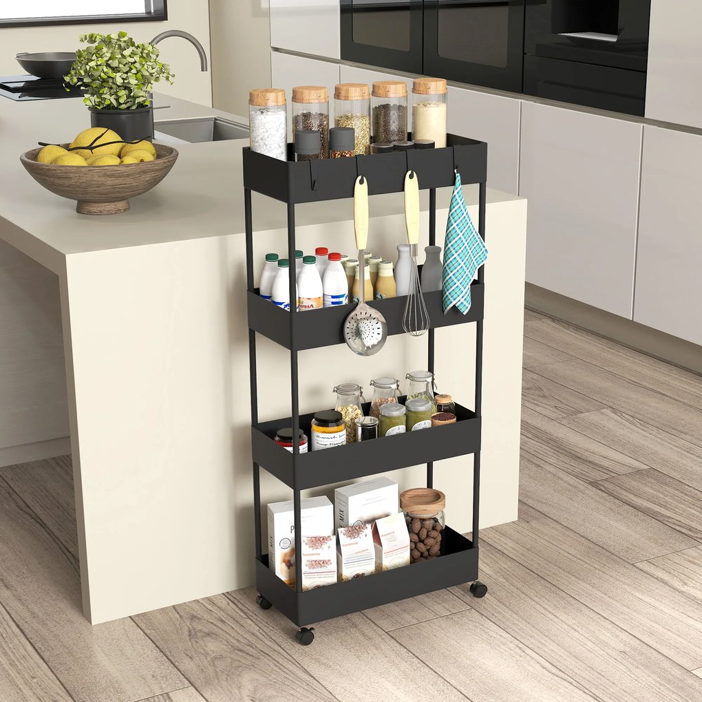 HOMCOM Wózek kuchenny z 4 półkami, 4 elastycznymi hakami, 4 kółkami, 40 cm x 19 cm x 90 cm, Wózek do niewielkich przestrzeni, Czarny
